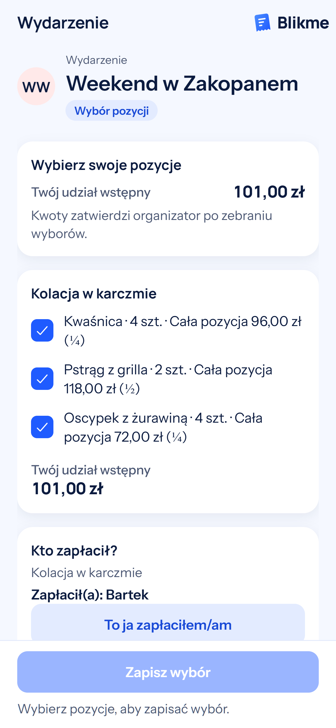 Grupa „Weekend w Zakopanem”: uczestniczka wybiera pozycje kolacji, widzi udział wstępny i informację, kto zapłacił.
