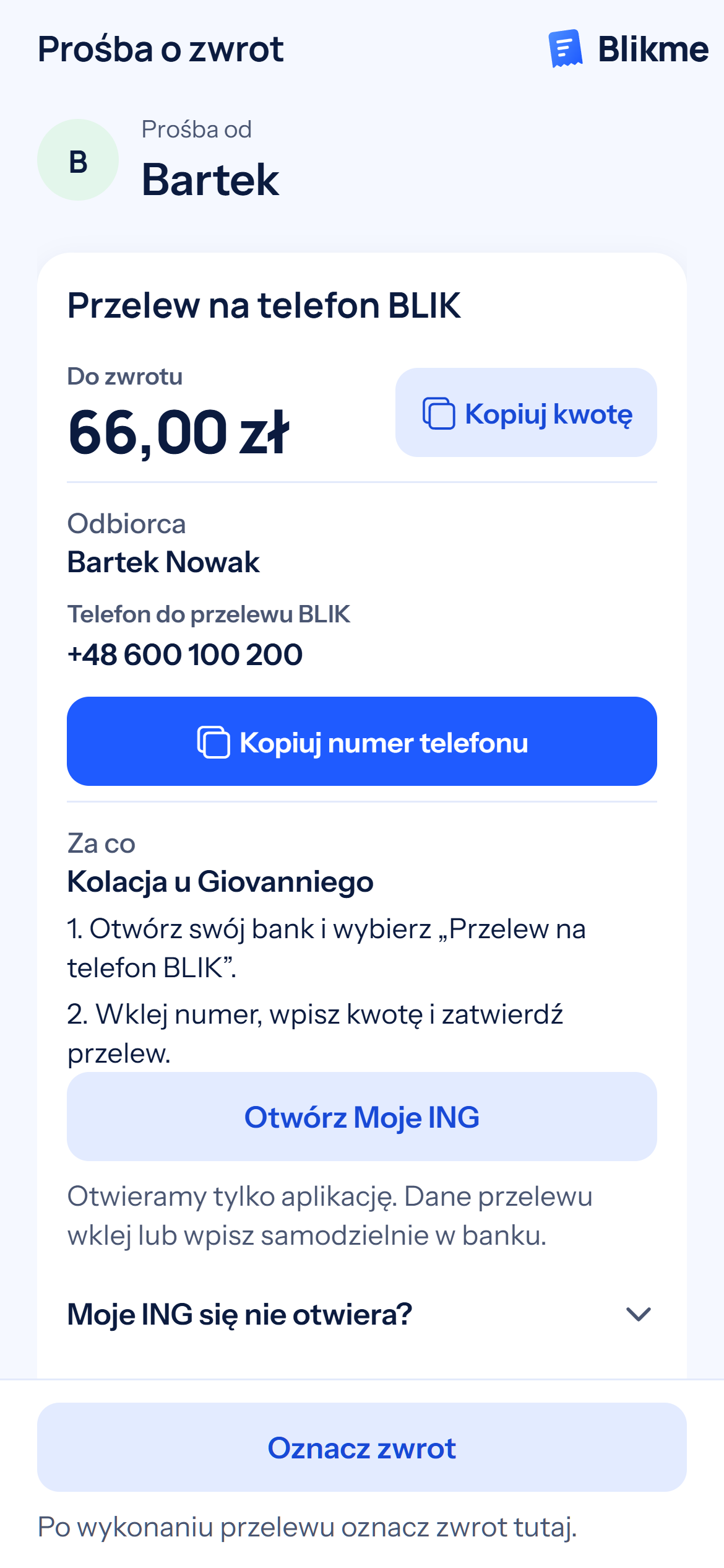 Widok gościa: 66 złotych do zwrotu, przyciski kopiowania kwoty i numeru telefonu oraz otwarcia Moje ING. Przelew wykonuje się we własnym banku.