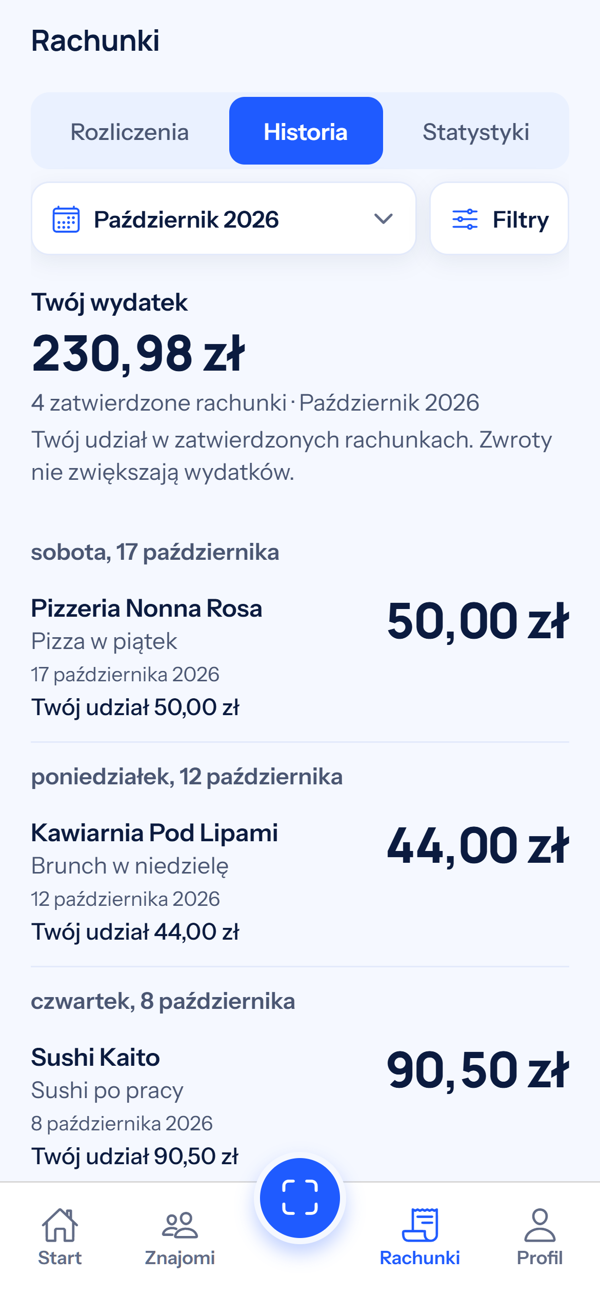 Historia rachunków z datami zakupów, nazwami lokali i udziałem organizatora w kosztach.