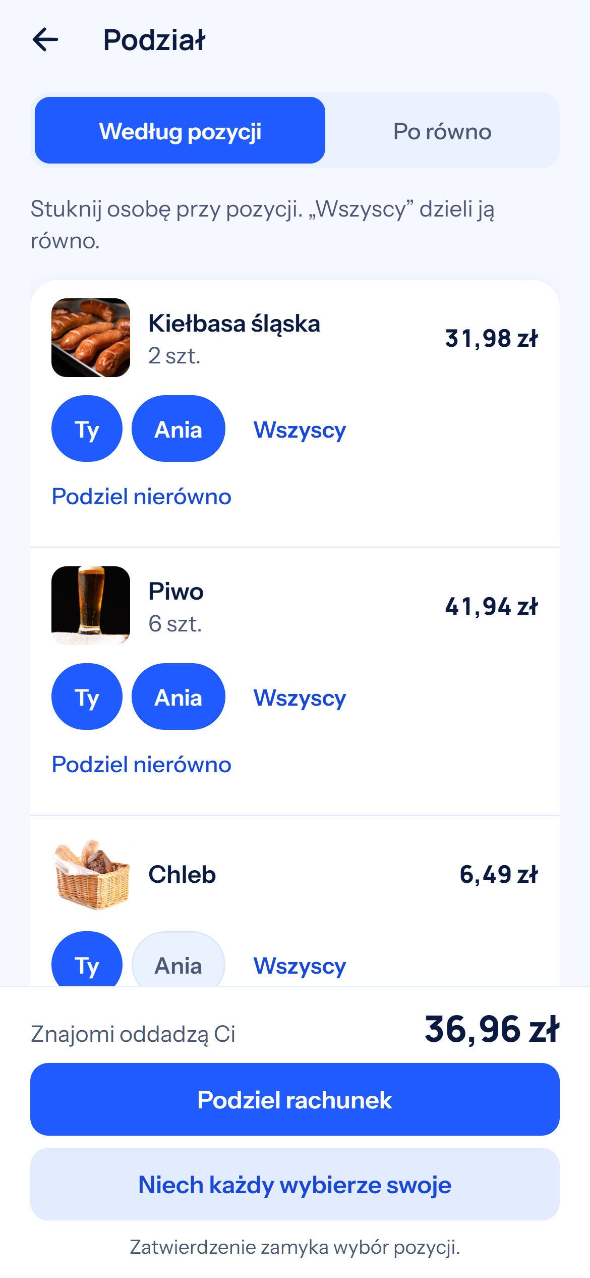 Podział zakupów na grilla: pozycje rachunku przypisane Bartkowi i Ani za pomocą przycisków z imionami.